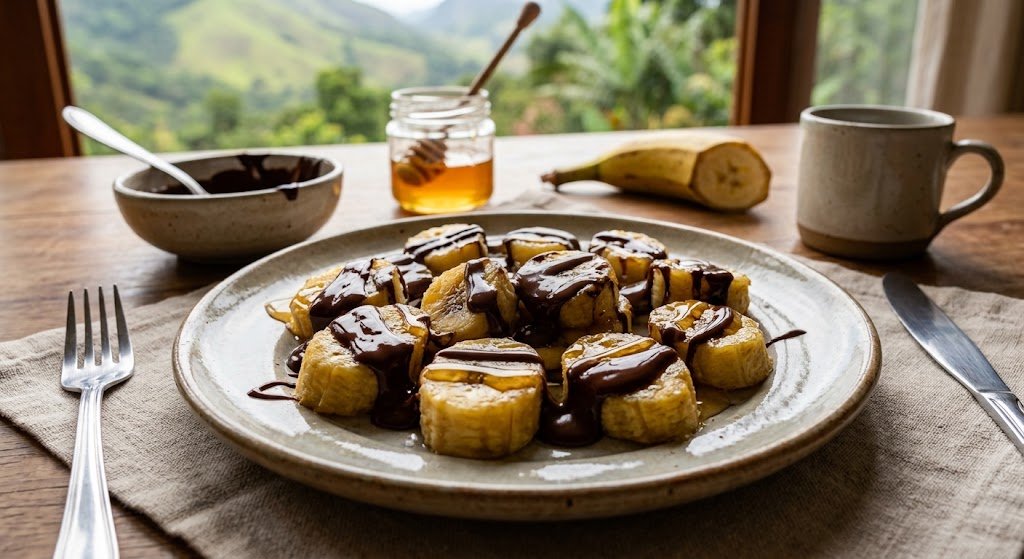 Banana da terra com chocolate derretido