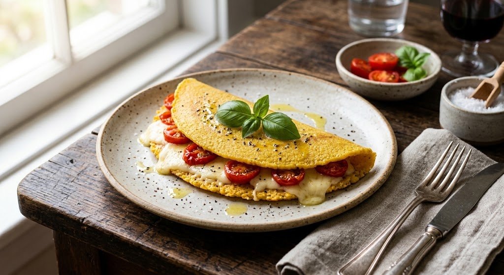 Panqueca de flocão com queijo e tomate cereja